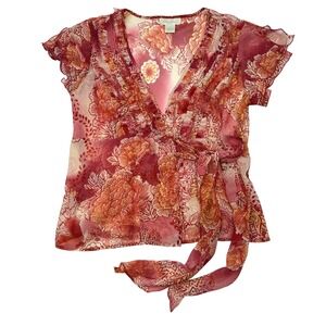 Heirloom Y2K Floral Wrap Blouse Ruffle Trim V Neck Semi Sheer Pink Orange Medium